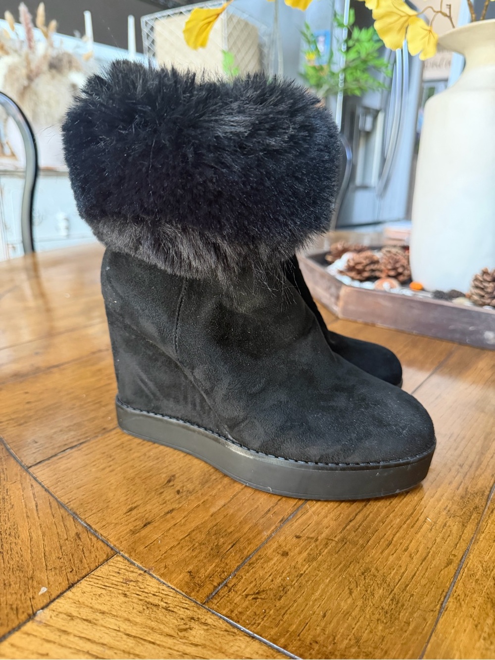BAMBOO Black Faux Fur Wedge Booties